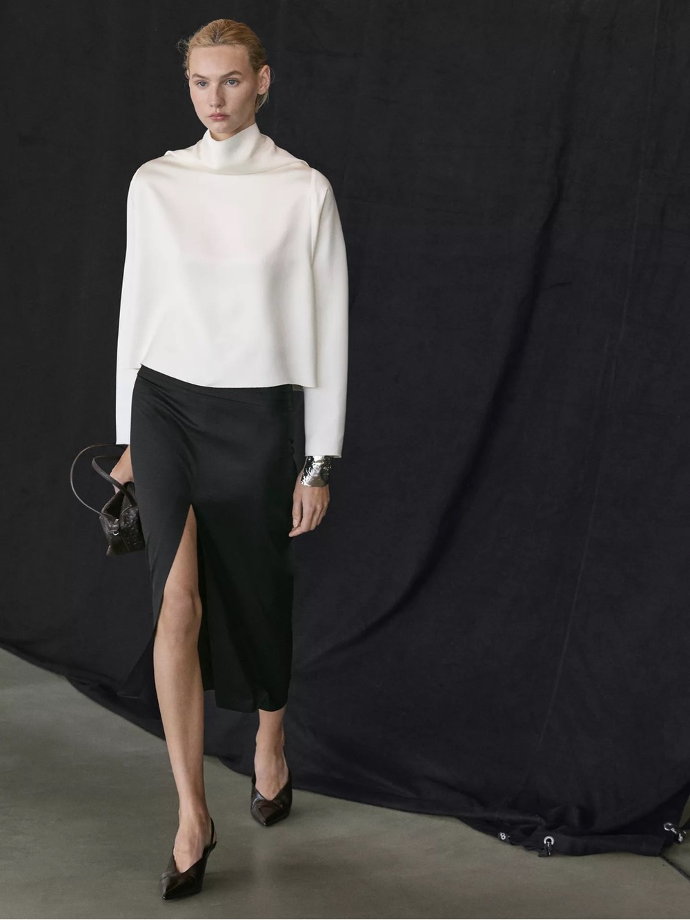 Massimo Dutti Studio Satin Elegant Cream High-Neck Long-Sleeve Top - Picture 4 of 10